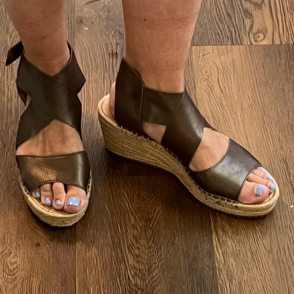 🕶️Eileen Fisher Willow Bronze Metallic Leather Espadrille Wedge Heel Sandals 11 - Picture 7 of 9